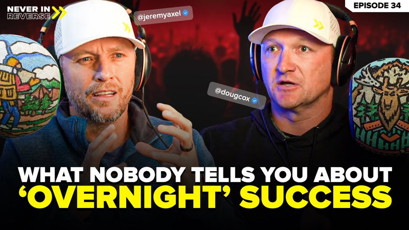 Custom YouTube thumbnail for a video podcast episode with two hosts and bold, eye-catching title text.