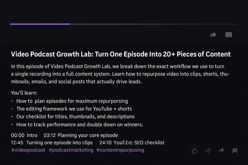 SEO-focused show notes and YouTube description with timestamps and keywords for a video podcast episode.